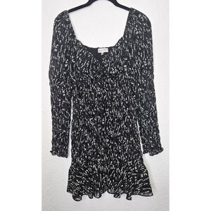 ACOA Womens Mini Dress Medium Black White Floral Smocked Long Sleeve Ruffle Boho